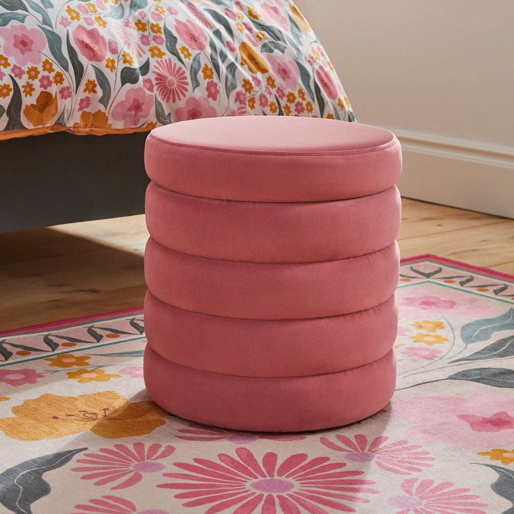 Stella Ribbed Storage Stool - Soft Velvet Raspberry Pink