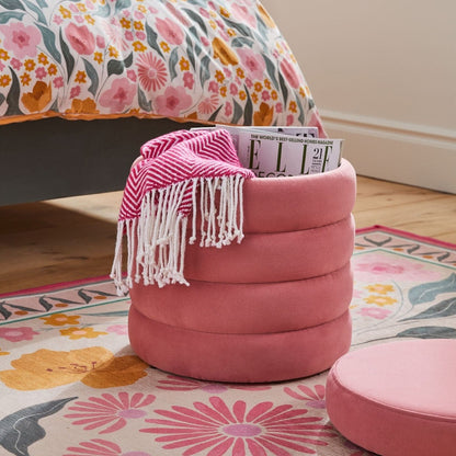 Stella Ribbed Storage Stool - Soft Velvet Raspberry Pink