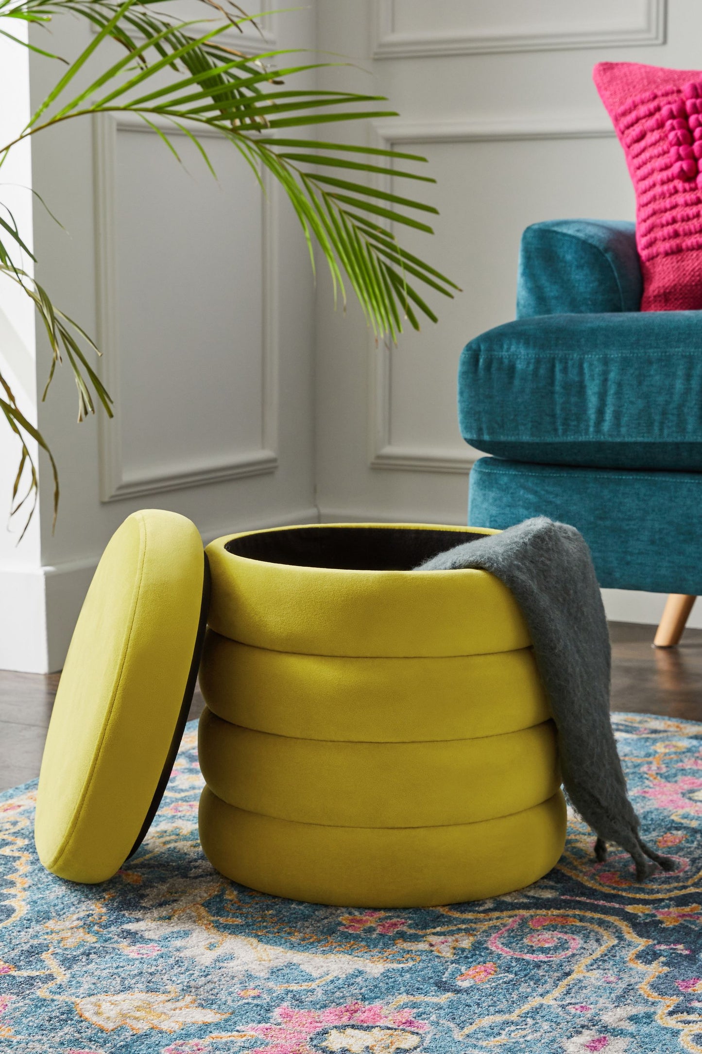 Stella Ribbed Storage Stool - Soft Velvet Chartreuse Yellow