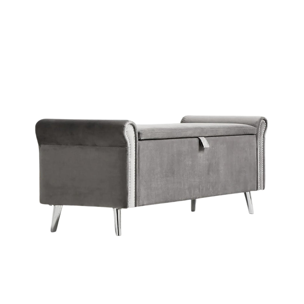 Dev Storage Ottoman Bench - Velvet Steel Grey with Studs