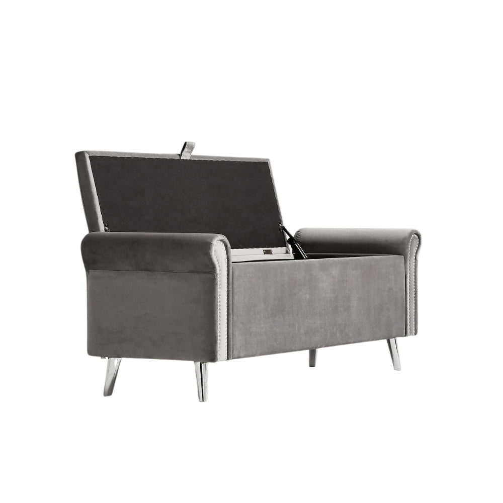 Dev Storage Ottoman Bench - Velvet Steel Grey with Studs