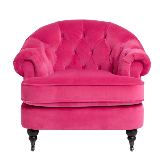 Jesper Chesterfield Buttoned Accent Armchair with Castor Legs - Mid Century Modern, Soft Pink Velvet, Classic Style for Living Room