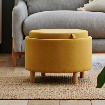 Ashtin Storage Footstool Puffy for Lounge Accent Arm Chair Footrest | Tray Top Ottoman Marl Ochre Yellow Fabric Modern Design