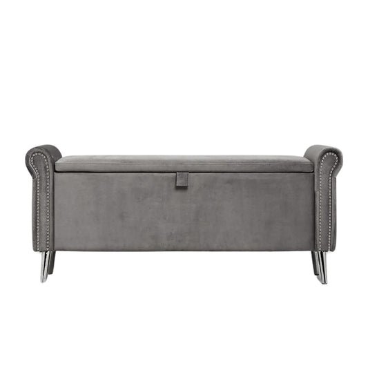 Dev Storage Ottoman Bench - Velvet Steel Grey with Studs