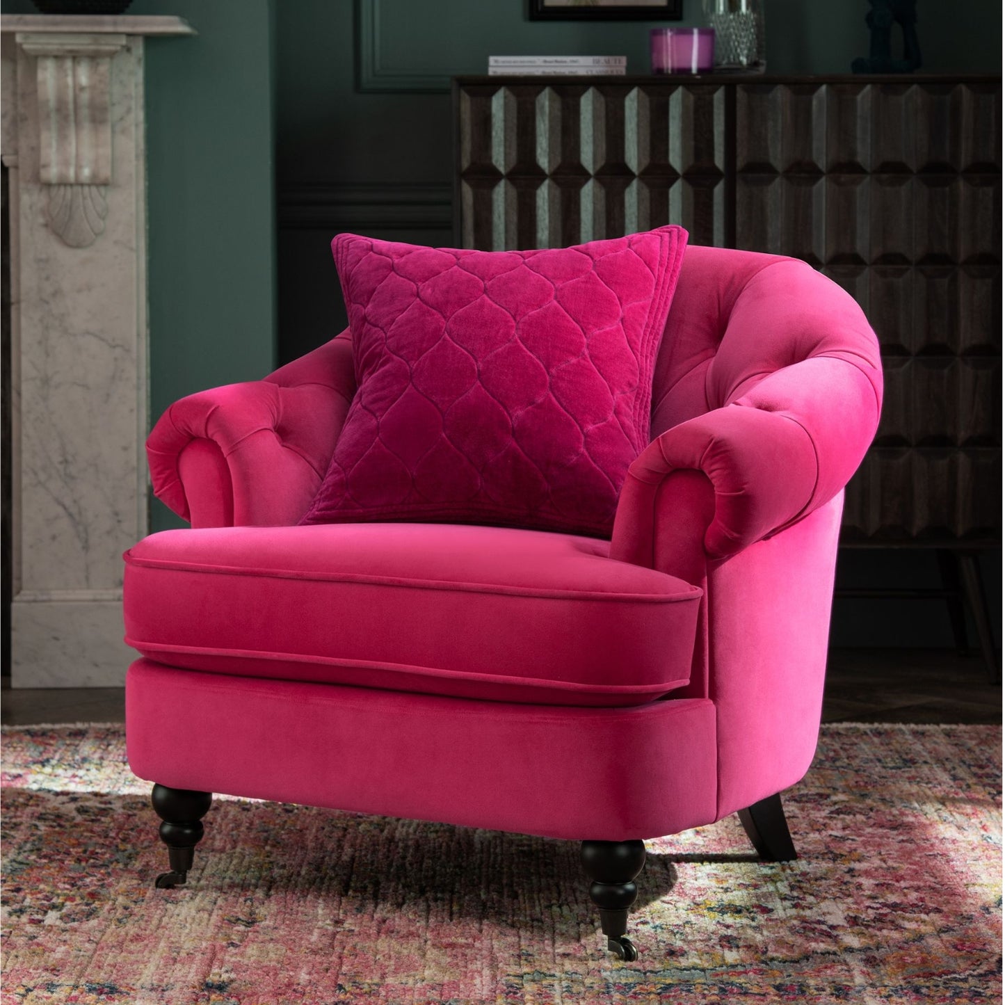 Jesper Chesterfield Buttoned Accent Armchair with Castor Legs - Soft Pink Velvet