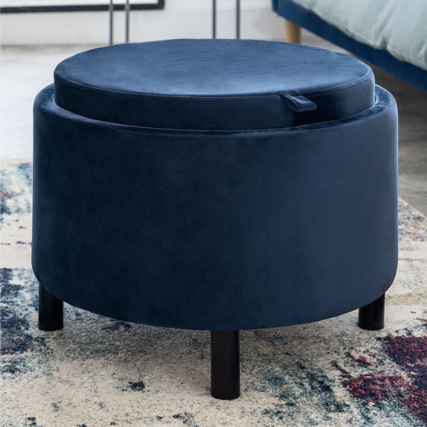Ashtin Storage Footstool Puffy for Lounge Accent Arm Chair Footrest | Tray Top Ottoman Soft Velvet Dark Navy Blue Fabric Modern Design