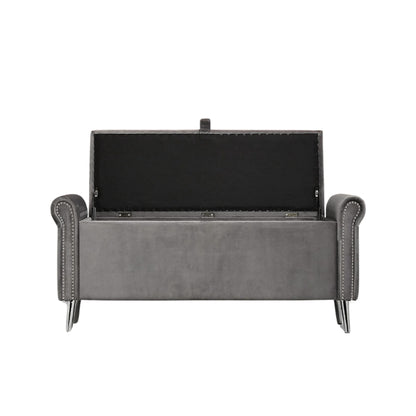 Dev Storage Ottoman Bench - Velvet Steel Grey with Studs