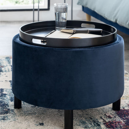 Ashtin Storage Footstool Puffy for Lounge Accent Arm Chair Footrest | Tray Top Ottoman Soft Velvet Dark Navy Blue Fabric Modern Design