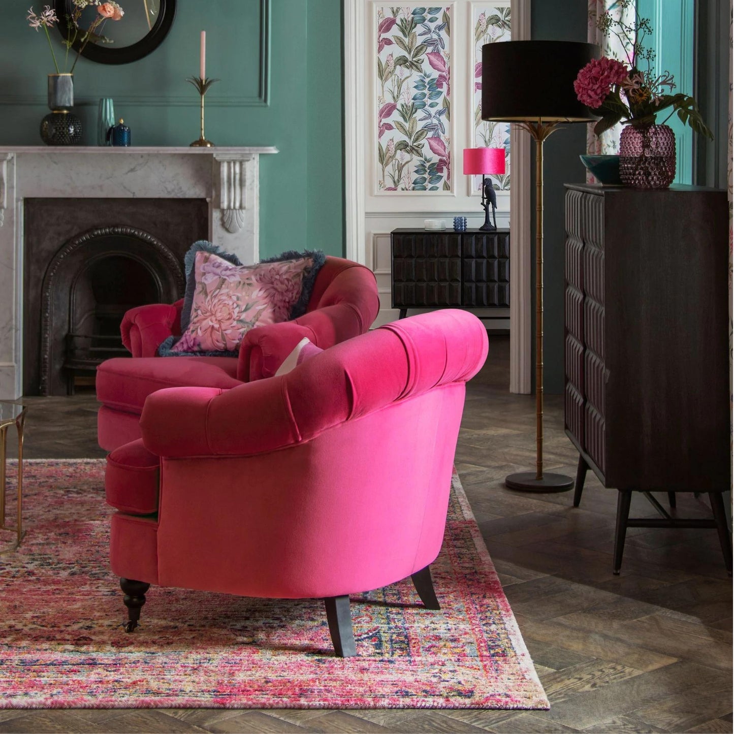 Jesper Chesterfield Buttoned Accent Armchair with Castor Legs - Soft Pink Velvet