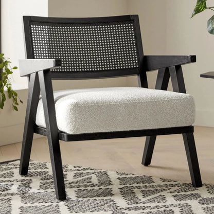 Abel Rattan Accent Arm Chair for Living Room | Bedroom Black Matte Finish Modern Cane Chair