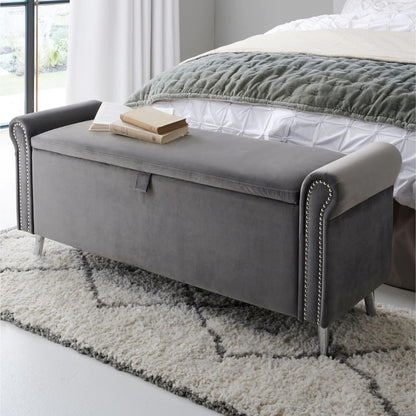 Dev Storage Ottoman Bench - Velvet Steel Grey with Studs