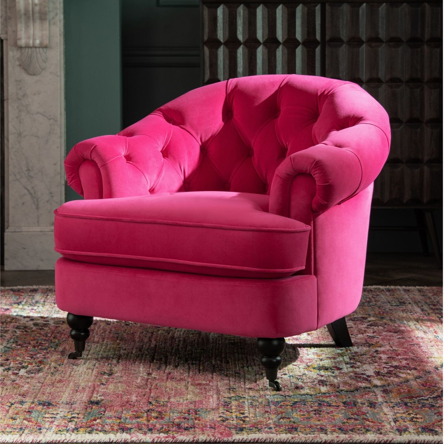 Jesper Chesterfield Buttoned Accent Armchair with Castor Legs - Soft Pink Velvet