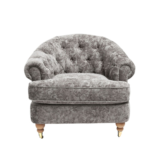Jesper Chesterfield Buttoned Accent Armchair with Castor Legs - Distressed Valour French Grey, Mid Century Modern, , Classic Style for Living Room