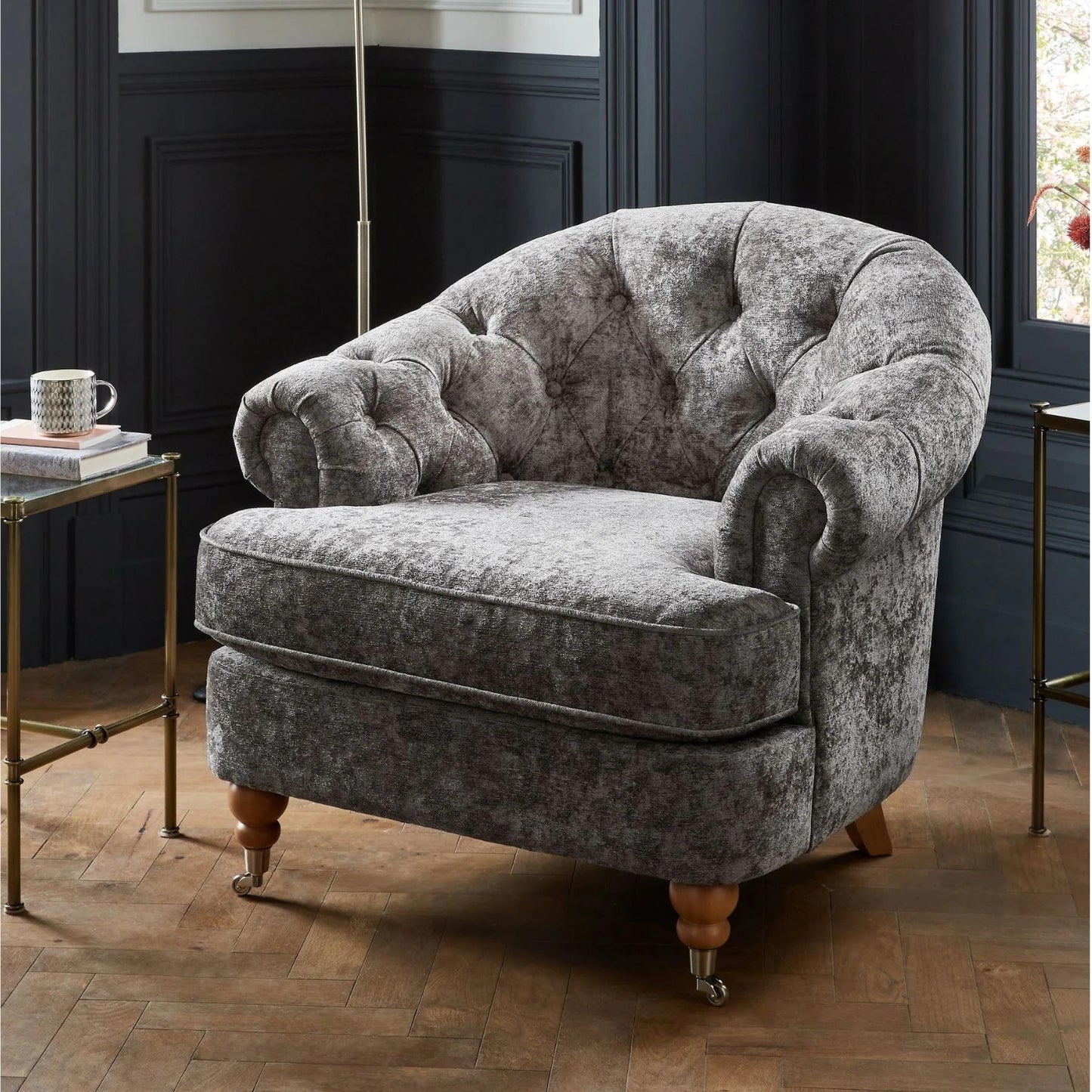 Jesper Chesterfield Buttoned Accent Armchair with Castor Legs - Distressed Valour French Grey