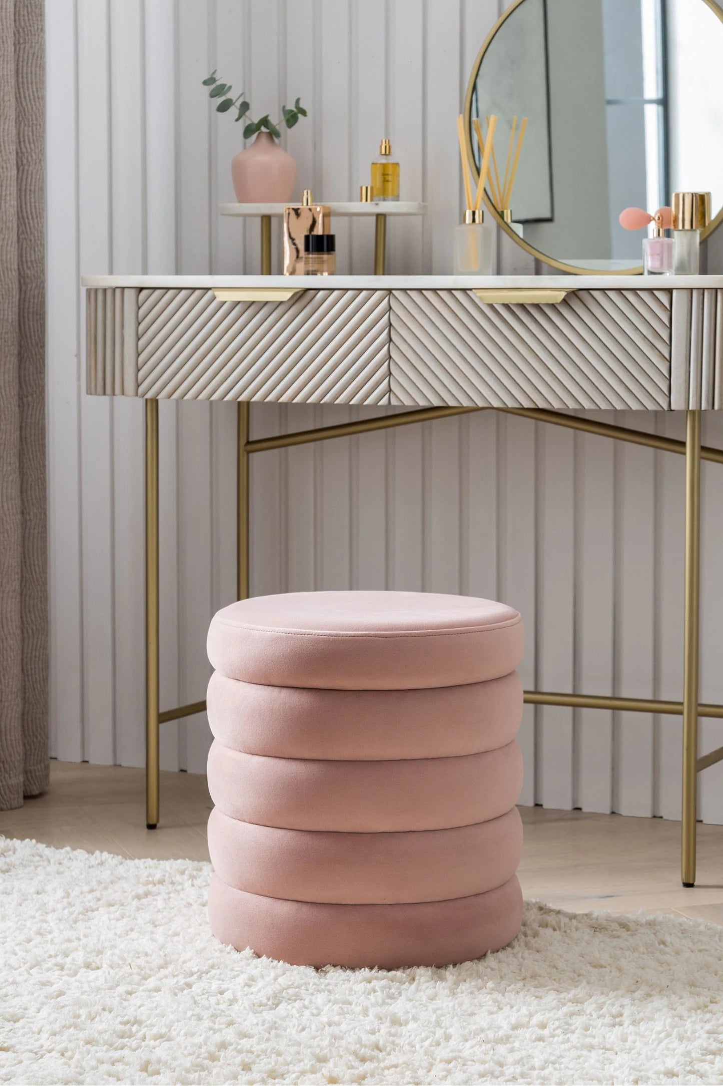 Stella Ribbed Storage Stool - Soft Velvet Blush Pink