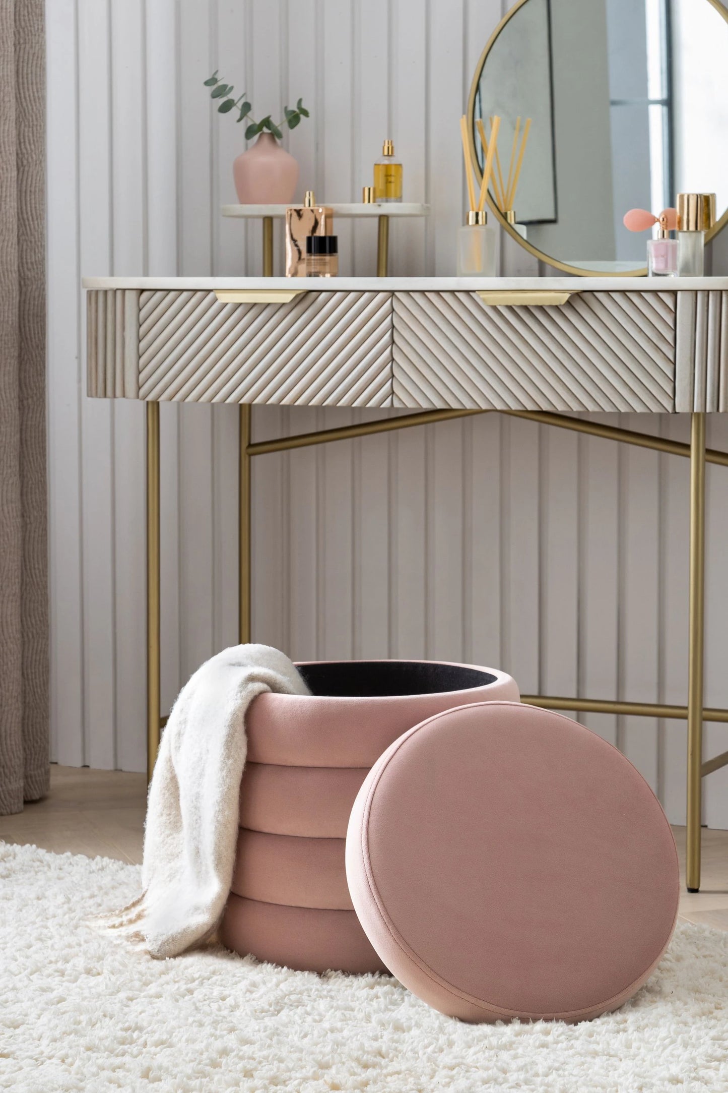 Stella Ribbed Storage Stool - Soft Velvet Blush Pink