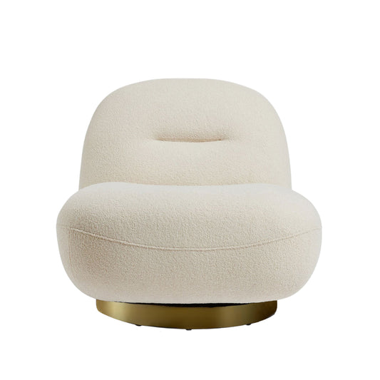 Otis Swivel 360° Lounge Accent Chair for Living Room | Bedroom White Boucle Sherpa Fabric Brass Finish Stainless Steel Base Mid Century Modern Design