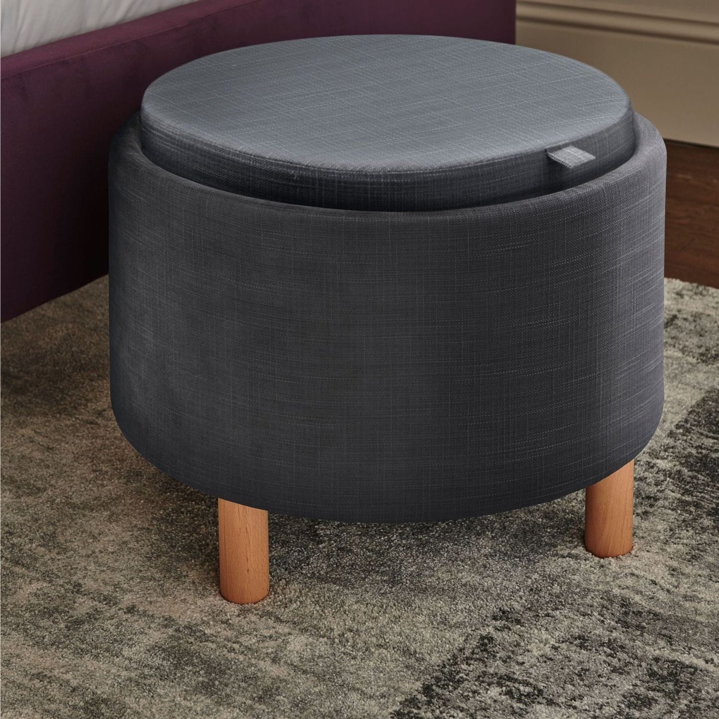 Ashtin Storage Footstool Puffy | Tray on Other Side - Textured Dark Grey